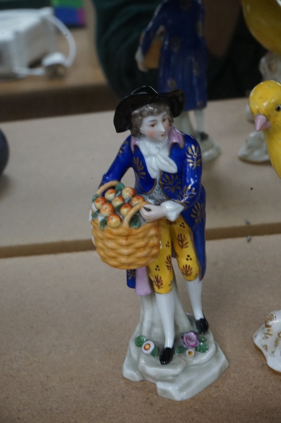 A small group of mixed ceramics to include a Royal Worcester model of a canary, No 2665, a Royal Doulton ‘cat’ group and a pair of continental figures. Tallest 16cm. Condition - mostly good